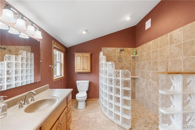 full bath featuring vanity, a walk in shower, lofted ceiling, and toilet