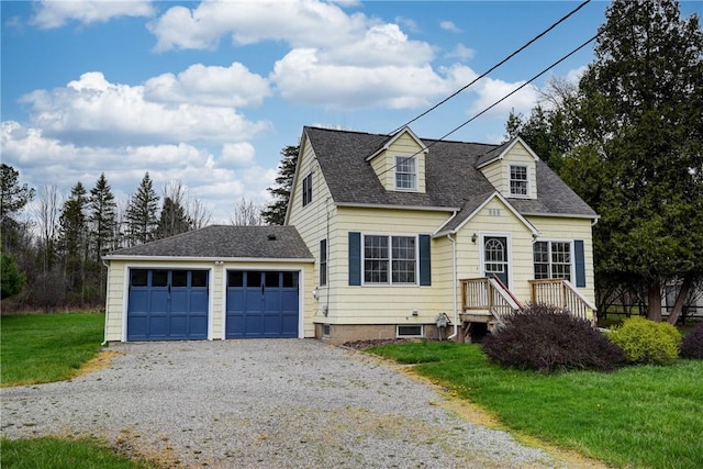 cape cod home featuring a garage, a shingled roof, a front lawn, and gravel driveway