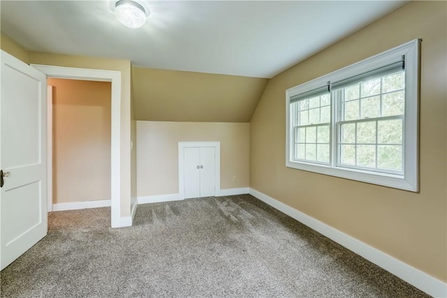 bonus room featuring carpet floors, baseboards, and vaulted ceiling