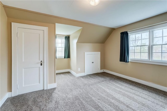 bonus room featuring carpet flooring, baseboards, and lofted ceiling