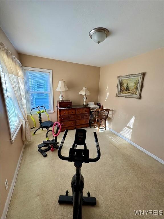 exercise room featuring carpet flooring and baseboards