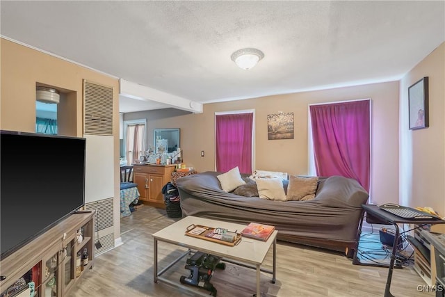 living room with light wood-type flooring and a textured ceiling