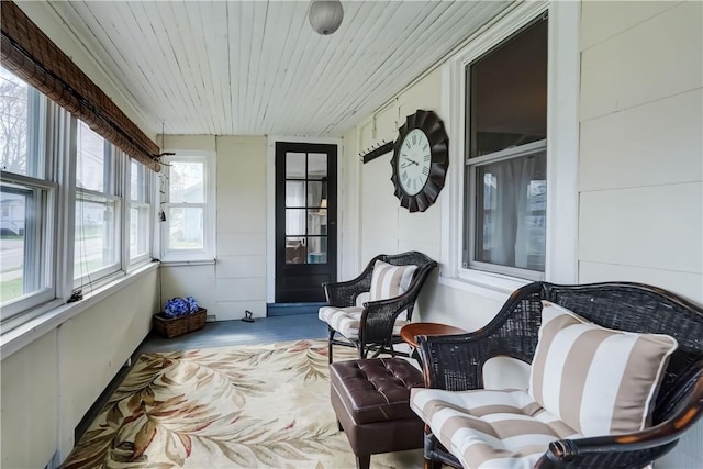 sunroom with wooden ceiling