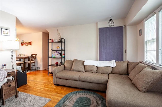 living room featuring plenty of natural light and light wood-style flooring