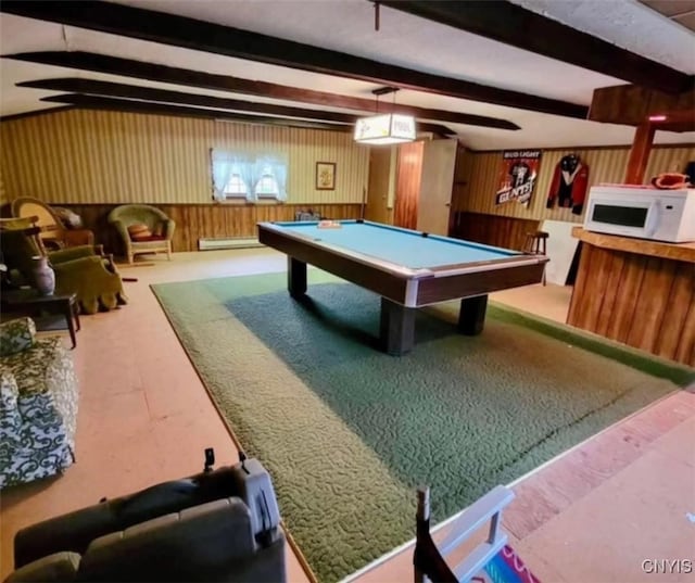 recreation room with wood walls, billiards, and beam ceiling