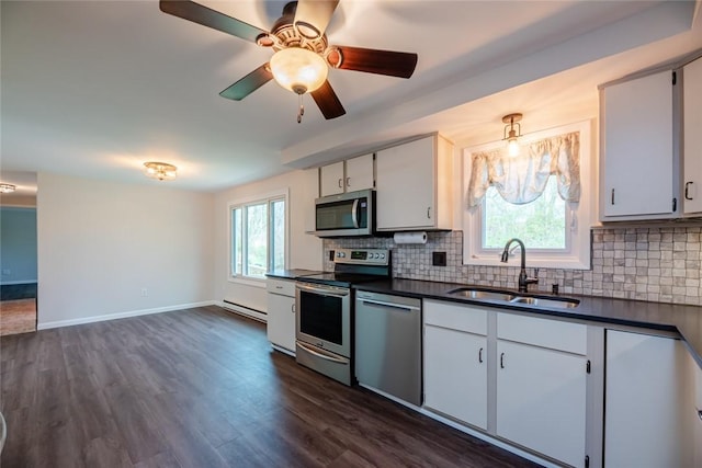 kitchen with decorative backsplash, dark countertops, baseboard heating, a sink, and appliances with stainless steel finishes