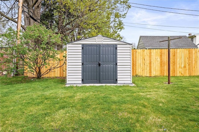 view of shed with a fenced backyard