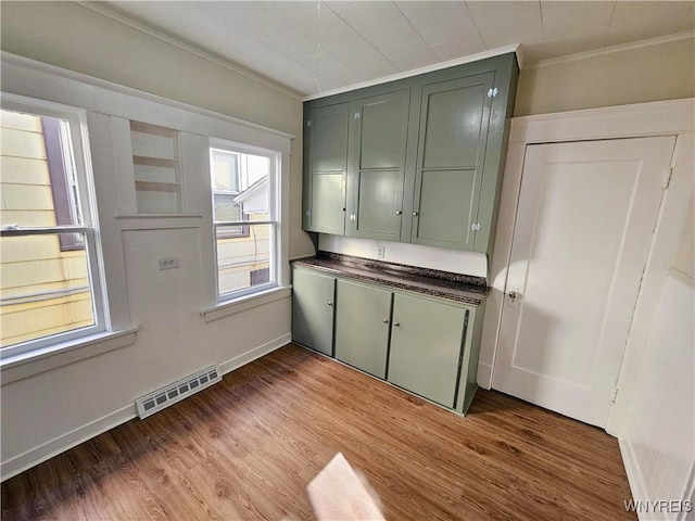 kitchen with crown molding, green cabinets, wood finished floors, and visible vents