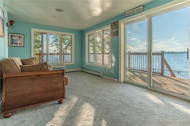 21959 County Route 59, Brownville, NY 13634 - sitting room featuring carpet floors, baseboards, a water view, and baseboard heating