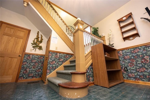 723 Pine Ave, Niagara Falls, NY 14301 - stairs featuring wallpapered walls, baseboards, and tile patterned flooring