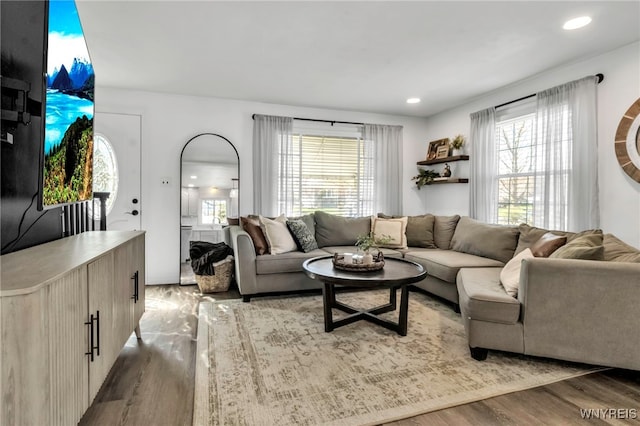 living area with recessed lighting and wood finished floors