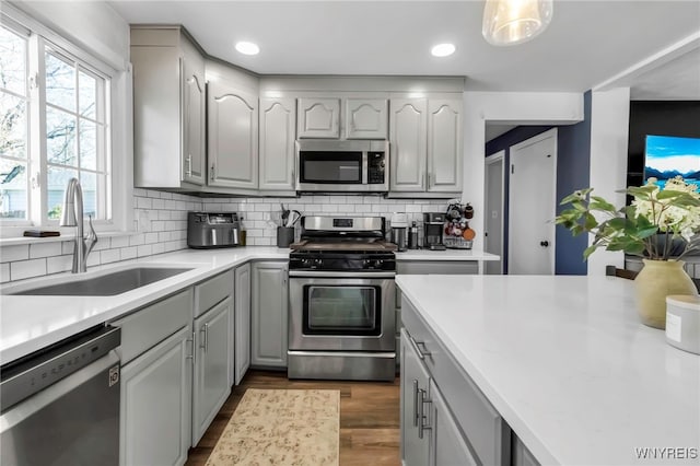 kitchen with a sink, gray cabinets, appliances with stainless steel finishes, and light countertops