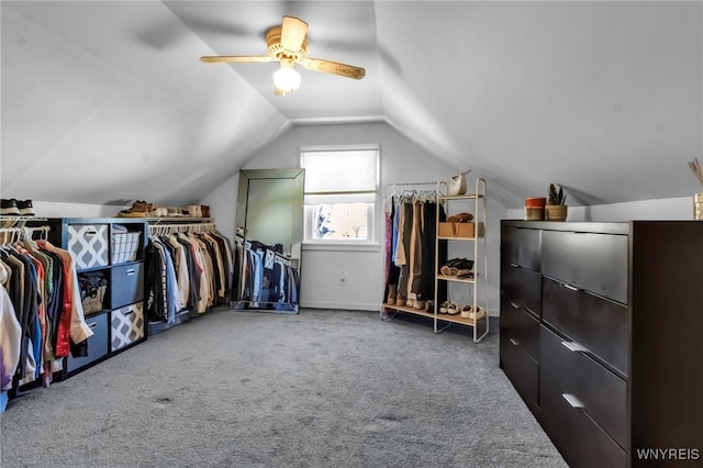 spacious closet with carpet floors, a ceiling fan, and lofted ceiling
