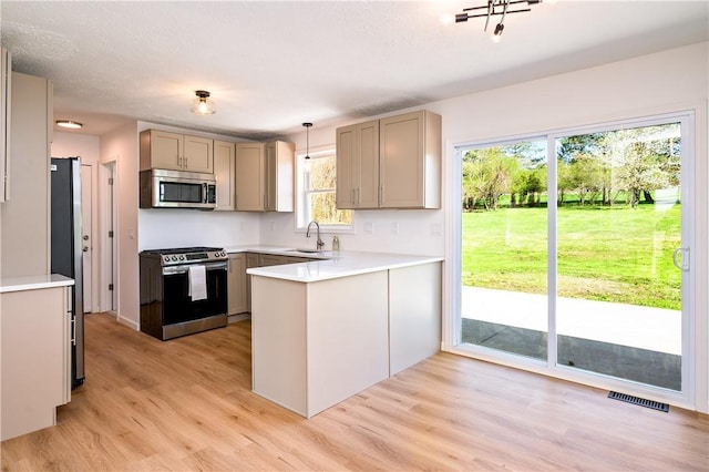 kitchen with a sink, light wood finished floors, stainless steel appliances, a peninsula, and visible vents