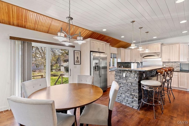 dining area with wood ceiling, recessed lighting, and wood finished floors