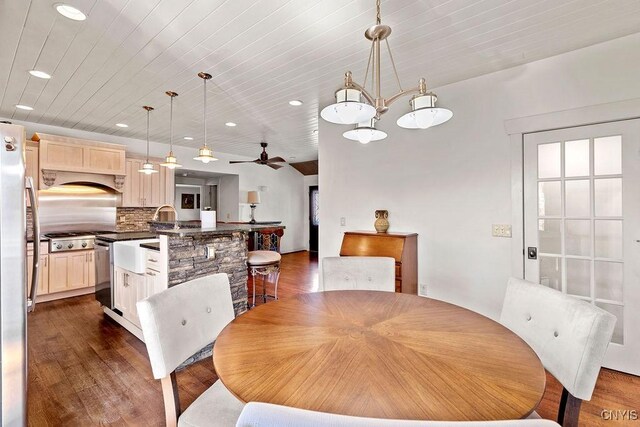 dining room with recessed lighting, a ceiling fan, dark wood-style floors, and wood ceiling