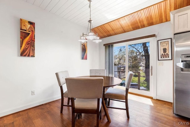 dining area with baseboards, wood ceiling, wood finished floors, and a notable chandelier