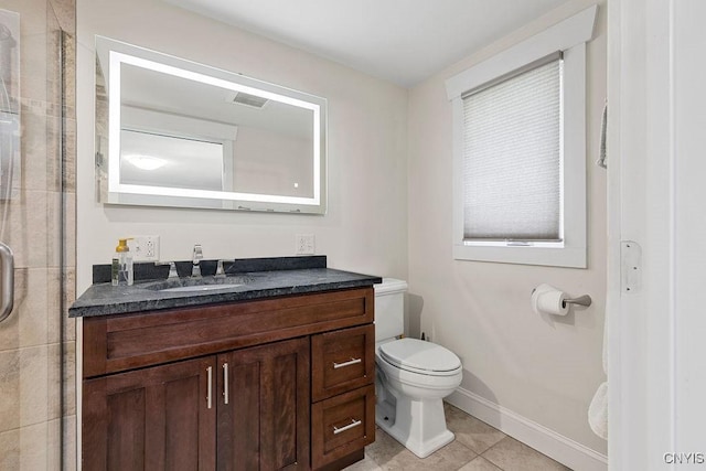 bathroom with visible vents, tile patterned flooring, a stall shower, vanity, and toilet
