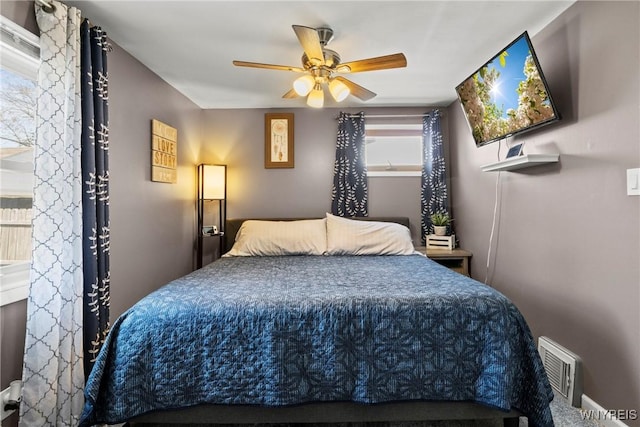 bedroom with a ceiling fan and visible vents