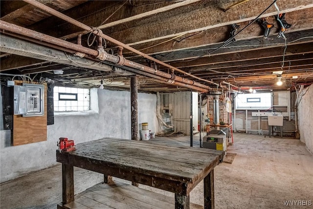 below grade area featuring a sink and electric panel