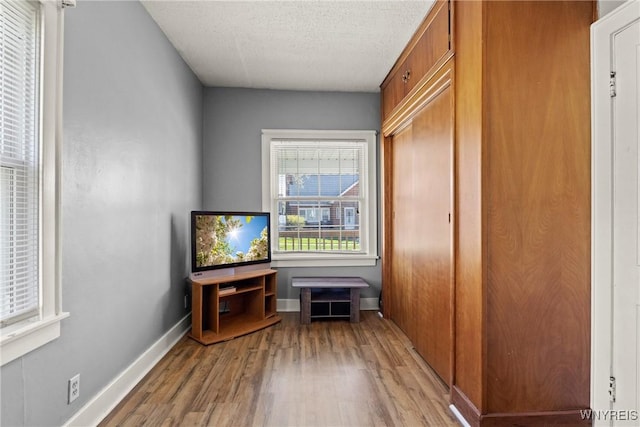 interior space featuring baseboards, a textured ceiling, and wood finished floors