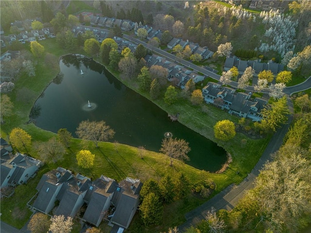 drone / aerial view with a water view and a residential view