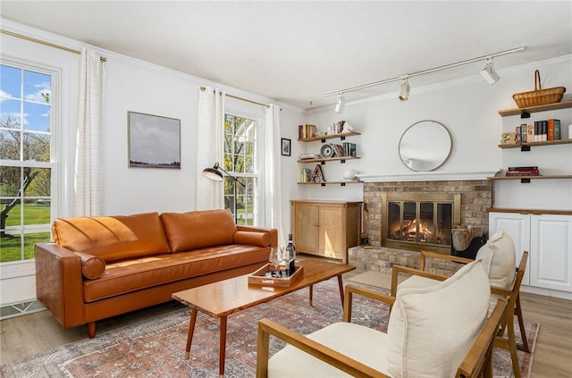living area with crown molding, track lighting, a brick fireplace, and light wood finished floors