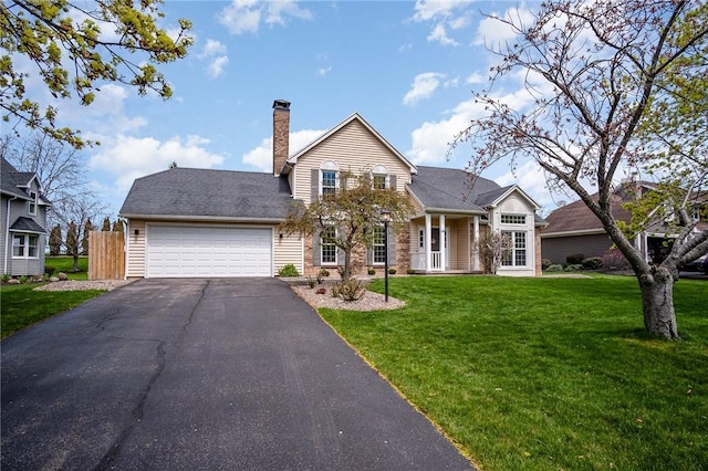 traditional home with an attached garage, driveway, a chimney, and a front yard