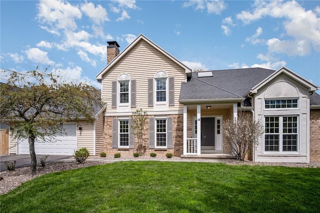 view of front of house with a chimney, roof with shingles, a front lawn, concrete driveway, and an attached garage