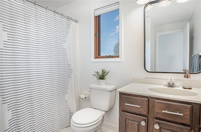 full bathroom with a shower with curtain, tile patterned flooring, vanity, baseboards, and toilet
