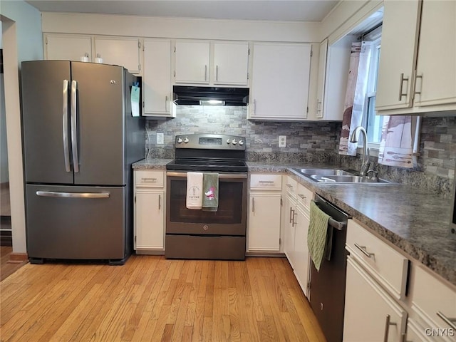kitchen featuring a sink, light wood-style floors, stainless steel appliances, backsplash, and under cabinet range hood
