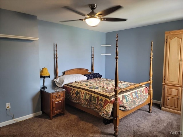 bedroom with baseboards, a ceiling fan, and dark colored carpet