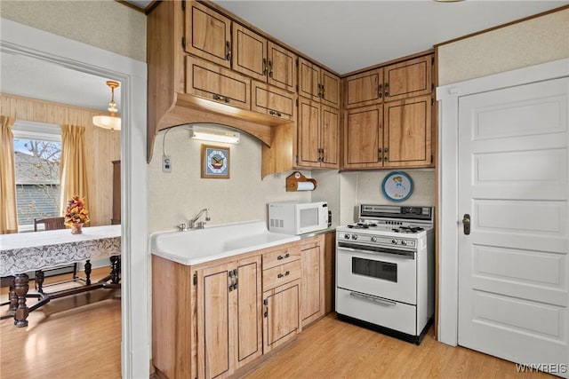 kitchen featuring white appliances, light countertops, brown cabinets, and light wood-type flooring