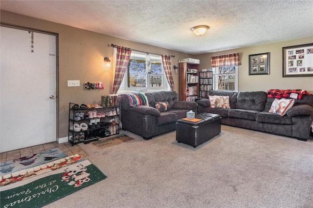carpeted living area with a textured ceiling