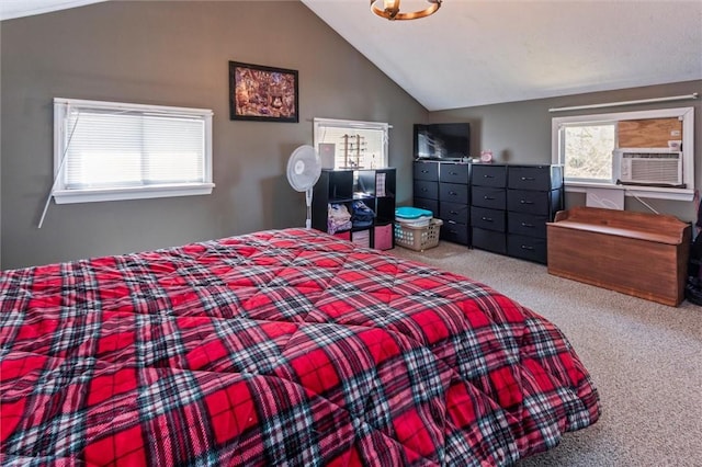 carpeted bedroom with cooling unit and vaulted ceiling