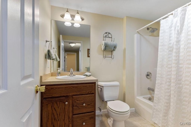 bathroom with vanity, shower / bathtub combination with curtain, tile patterned floors, and toilet