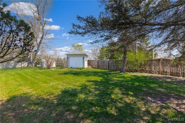 view of yard with a fenced backyard and an outbuilding