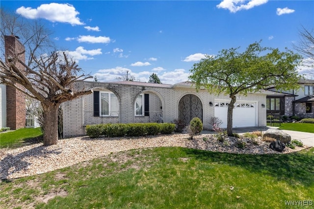 single story home featuring brick siding, a garage, driveway, and a front yard