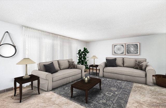 carpeted living area with visible vents and a textured ceiling