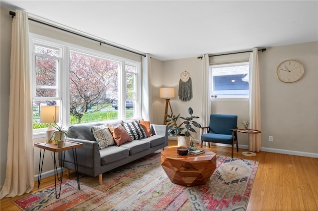 living room with baseboards and wood finished floors