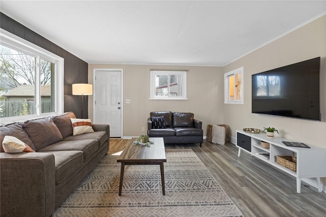 living room featuring baseboards, ornamental molding, and wood finished floors