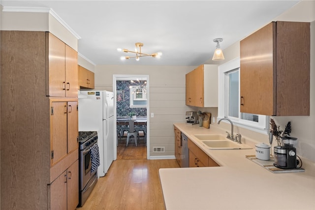 kitchen with a notable chandelier, a sink, light countertops, light wood-style flooring, and stainless steel appliances