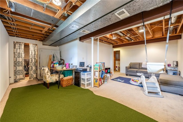 below grade area with visible vents and carpet flooring