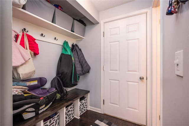 mudroom with baseboards and dark wood-type flooring