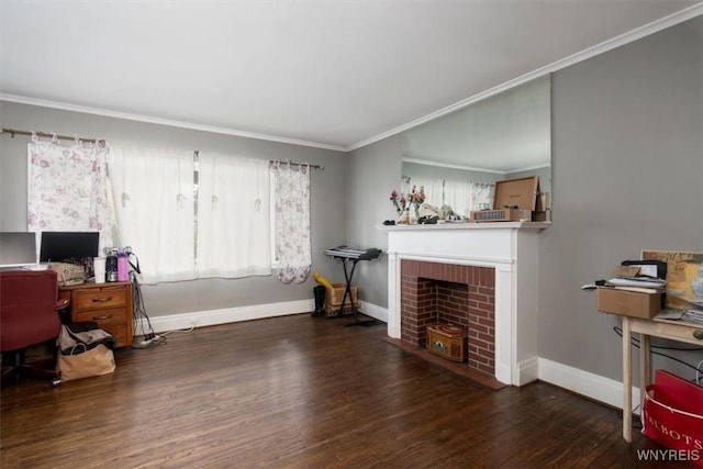 living room featuring a brick fireplace, baseboards, ornamental molding, and wood finished floors
