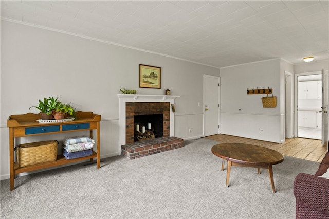carpeted living area featuring ornamental molding and a fireplace