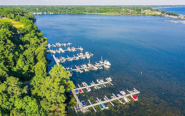 drone / aerial view featuring a water view