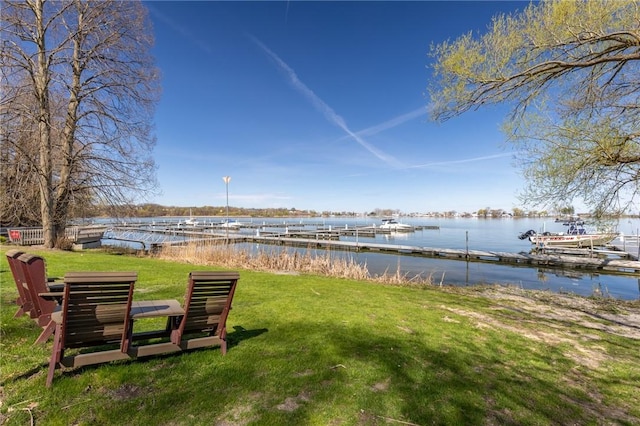 view of yard with a water view and a boat dock