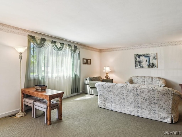 living room with baseboards and carpet
