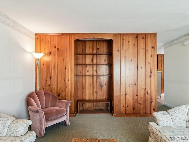 sitting room with wood walls and carpet